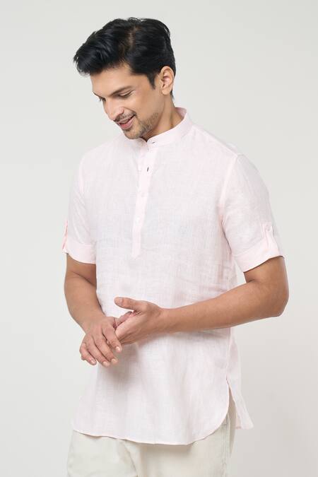 Buy_Arihant Rai Sinha_Pink Linen Shirt Style Half Sleeves Short Kurta _Online_at_Aza_Fashions