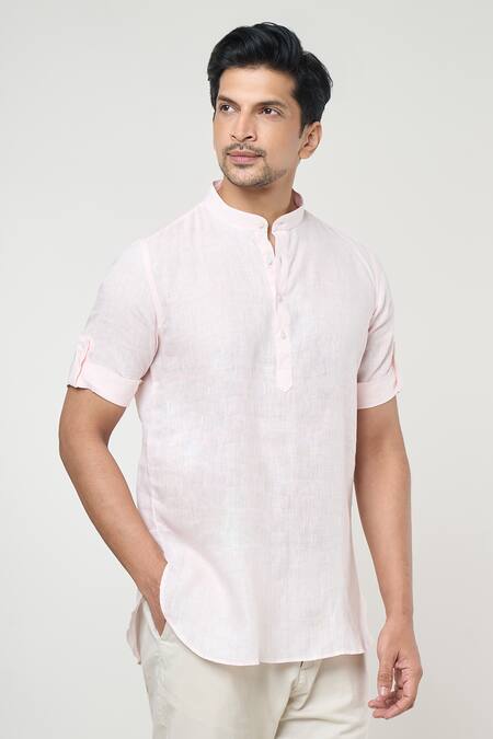 Shop_Arihant Rai Sinha_Pink Linen Shirt Style Half Sleeves Short Kurta _Online_at_Aza_Fashions