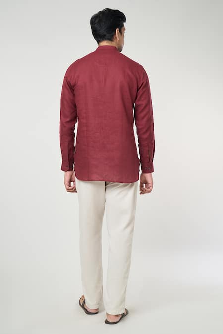 Shop_Arihant Rai Sinha_Wine Linen Shirt Style Short Kurta _at_Aza_Fashions