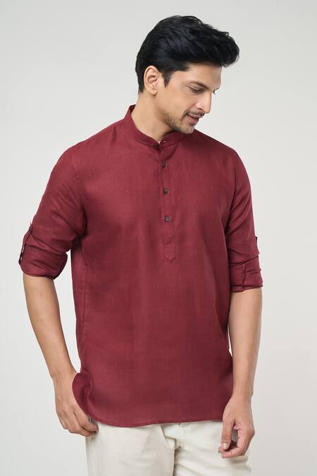 Arihant Rai Sinha_Wine Linen Shirt Style Short Kurta _Online_at_Aza_Fashions