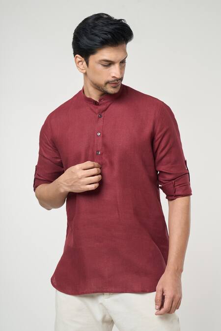 Buy_Arihant Rai Sinha_Wine Linen Shirt Style Short Kurta _Online_at_Aza_Fashions