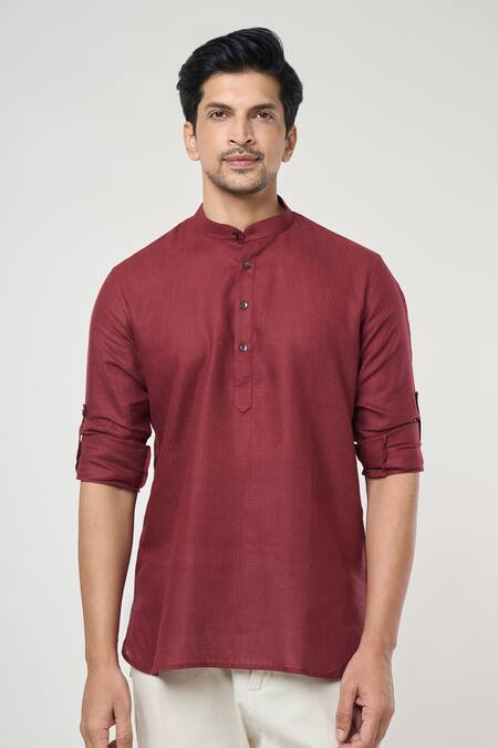 Shop_Arihant Rai Sinha_Wine Linen Shirt Style Short Kurta _Online_at_Aza_Fashions