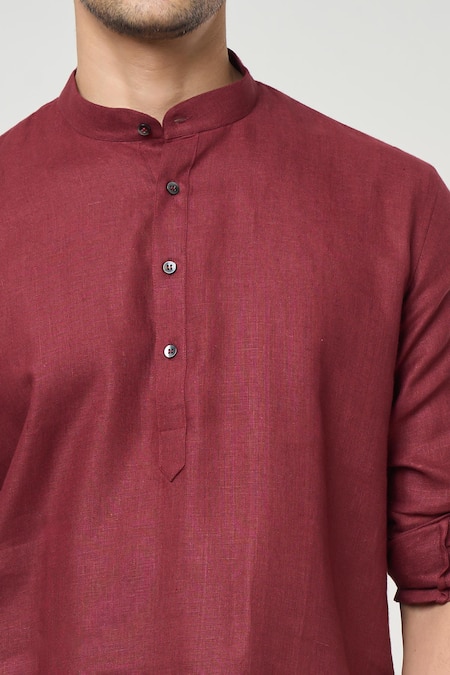 Arihant Rai Sinha_Wine Linen Shirt Style Short Kurta _at_Aza_Fashions