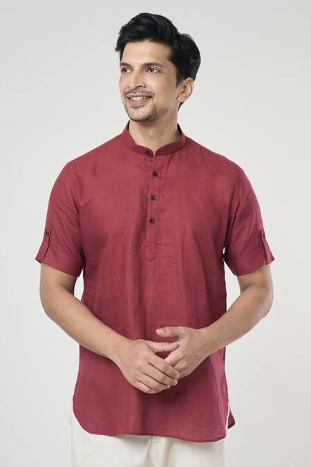 Arihant Rai Sinha_Wine Linen Shirt Style Short Kurta _Online_at_Aza_Fashions