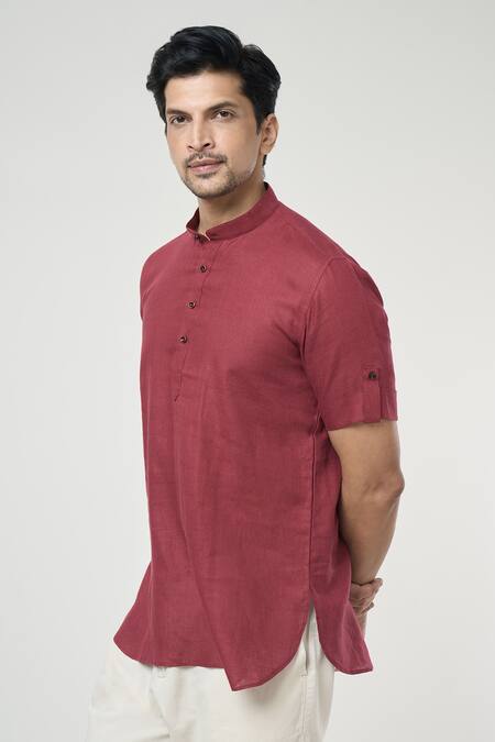 Buy_Arihant Rai Sinha_Wine Linen Shirt Style Short Kurta _Online_at_Aza_Fashions