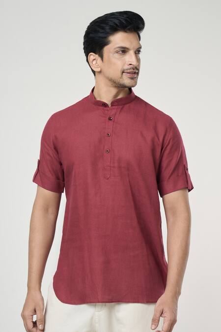 Shop_Arihant Rai Sinha_Wine Linen Shirt Style Short Kurta _Online_at_Aza_Fashions