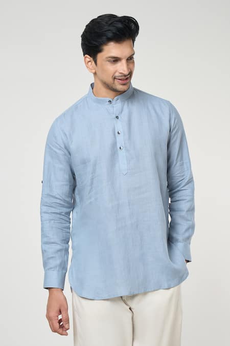 Arihant Rai Sinha Grey Linen Shirt Style Rolled Up Sleeves Short Kurta Online at Aza Fashions Arihant Rai Sinha_Grey Linen Shirt Style Rolled Up Sleeves Short Kurta _Online_at_Aza_Fashions