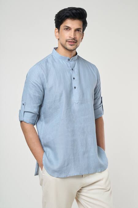 Buy Arihant Rai Sinha Grey Linen Shirt Style Rolled Up Sleeves Short Kurta Online at Aza Fashions Buy_Arihant Rai Sinha_Grey Linen Shirt Style Rolled Up Sleeves Short Kurta _Online_at_Aza_Fashions