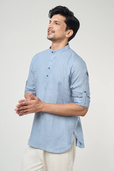 Shop Arihant Rai Sinha Grey Linen Shirt Style Rolled Up Sleeves Short Kurta Online at Aza Fashions Shop_Arihant Rai Sinha_Grey Linen Shirt Style Rolled Up Sleeves Short Kurta _Online_at_Aza_Fashions
