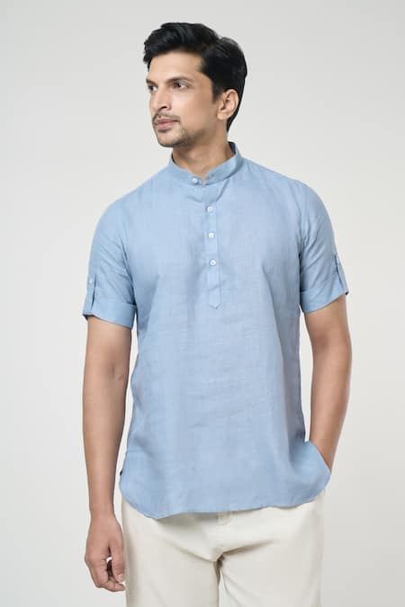 Arihant Rai Sinha_Grey Linen Shirt Style Half Sleeves Short Kurta _Online_at_Aza_Fashions