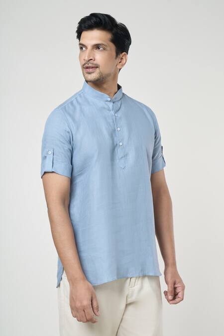 Buy_Arihant Rai Sinha_Grey Linen Shirt Style Half Sleeves Short Kurta _Online_at_Aza_Fashions