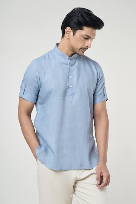 Shop_Arihant Rai Sinha_Grey Linen Shirt Style Half Sleeves Short Kurta _Online_at_Aza_Fashions