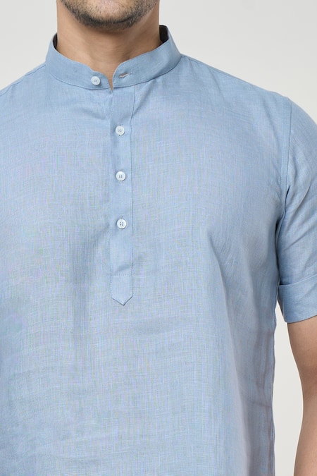 Arihant Rai Sinha_Grey Linen Shirt Style Half Sleeves Short Kurta _at_Aza_Fashions