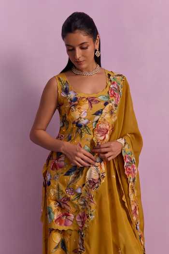 Buy Kalista Yellow Georgette, Organza Beads, Sequins Shirin Floral Print Kurta Sharara Set Online at Aza Fashions Buy_Kalista_Yellow Georgette, Organza Beads, Sequins Shirin Floral Print Kurta Sharara Set _Online_at_Aza_Fashions