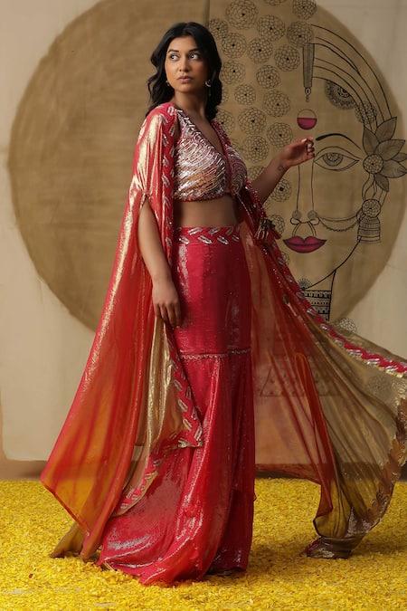 Shop_Arpita Sulakshana_Red Georgette, Crepe Sequins, Beads Hand Embroidered Blouse Set With Ombre Cape _Online_at_Aza_Fashions