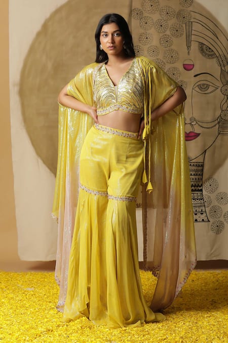 arpita sulakshana Yellow Georgette Embroidered Dori Blouse Hand Palazzo Set With Ombre Cape 