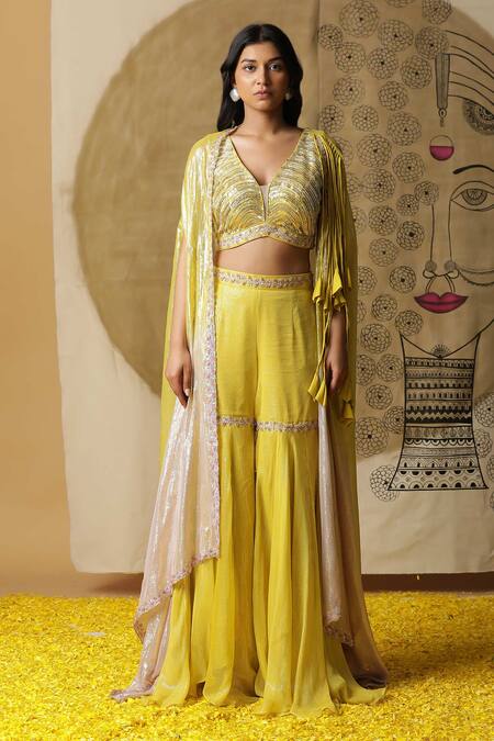 Arpita Sulakshana_Yellow Georgette, Crepe Sequins, Hand Embroidered Palazzo Set With Ombre Cape _Online_at_Aza_Fashions