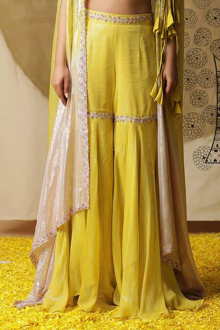 Buy Arpita Sulakshana Yellow Georgette, Crepe Sequins, Hand Embroidered Palazzo Set With Ombre Cape Online at Aza Fashions Buy_Arpita Sulakshana_Yellow Georgette, Crepe Sequins, Hand Embroidered Palazzo Set With Ombre Cape _Online_at_Aza_Fashions