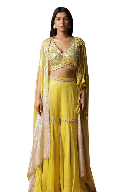 Shop Arpita Sulakshana Yellow Georgette, Crepe Sequins, Hand Embroidered Palazzo Set With Ombre Cape Online at Aza Fashions Shop_Arpita Sulakshana_Yellow Georgette, Crepe Sequins, Hand Embroidered Palazzo Set With Ombre Cape _Online_at_Aza_Fashions