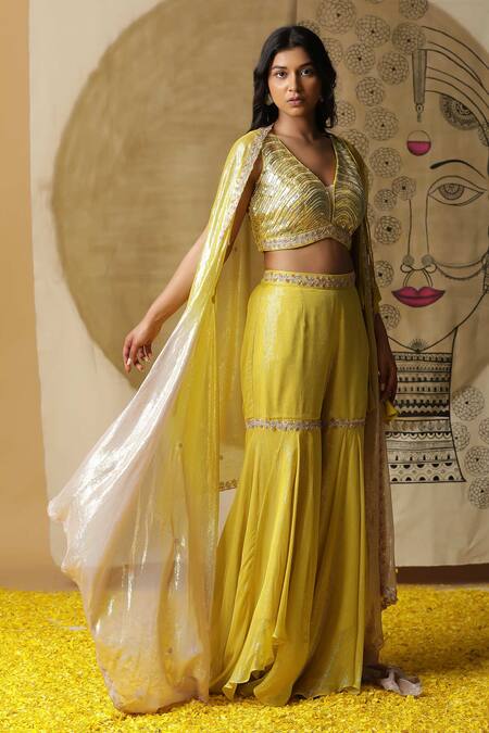 Arpita Sulakshana_Yellow Georgette, Crepe Sequins, Hand Embroidered Palazzo Set With Ombre Cape _at_Aza_Fashions