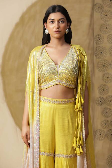 Buy_Arpita Sulakshana_Yellow Georgette, Crepe Sequins, Hand Embroidered Palazzo Set With Ombre Cape 