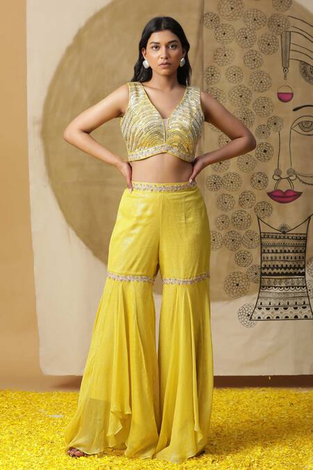 Shop Arpita Sulakshana Yellow Georgette, Crepe Sequins, Hand Embroidered Palazzo Set With Ombre Cape Shop_Arpita Sulakshana_Yellow Georgette, Crepe Sequins, Hand Embroidered Palazzo Set With Ombre Cape