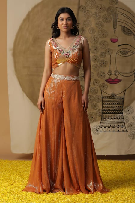 Arpita Sulakshana_Orange Georgette, Crepe Sequins, Beads Textured Palazzo Set With Ombre Cape _Online_at_Aza_Fashions