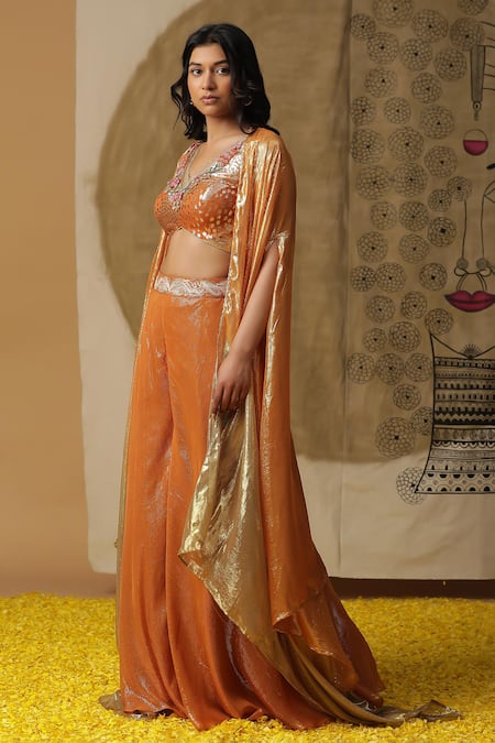 Shop_Arpita Sulakshana_Orange Georgette, Crepe Sequins, Beads Textured Palazzo Set With Ombre Cape _Online_at_Aza_Fashions