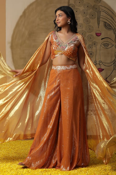 Arpita Sulakshana_Orange Georgette, Crepe Sequins, Beads Textured Palazzo Set With Ombre Cape _at_Aza_Fashions