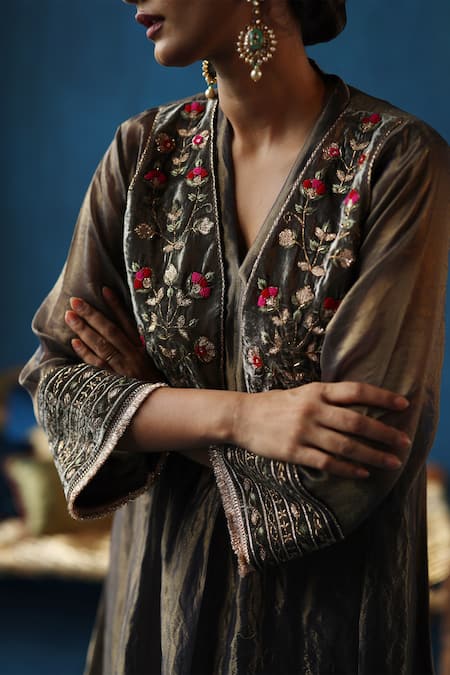 Begum_Grey Silk, Organza, Modal, Satin Embroidery V-neck Jaljeera Yoke Kurta Set _at_Aza_Fashions