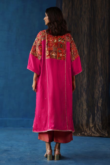 Shop Begum Fuchsia Silk Embroidery, Sequins V-neck Shikanji Resham Phiran And Pant Set at Aza Fashions Shop_Begum_Fuchsia Silk Embroidery, Sequins V-neck Shikanji Resham Phiran And Pant Set _at_Aza_Fashions