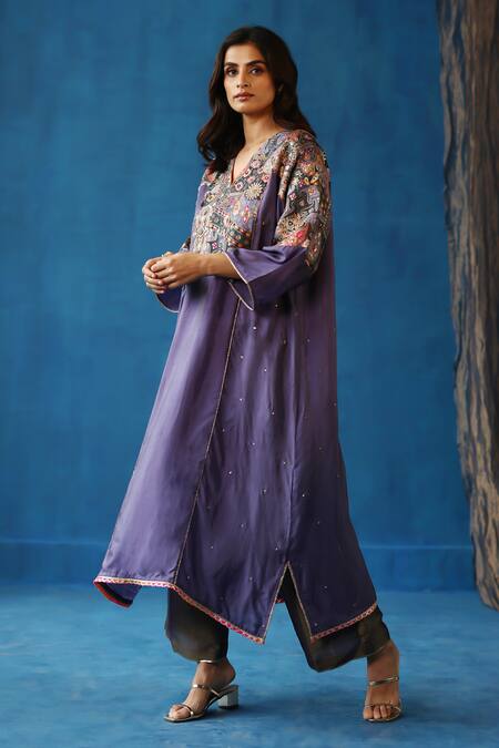 Buy_Begum_Purple Silk Embroidery V-neck Shikanji Floral Phiran And Pant Set _Online_at_Aza_Fashions