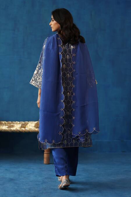 Shop Begum Blue Silk, Organza, Modal, Satin Sequins, Embroidery, Zari Kaanji Kurta Set at Aza Fashions Shop_Begum_Blue Silk, Organza, Modal, Satin Sequins, Embroidery, Zari Kaanji Kurta Set_at_Aza_Fashions