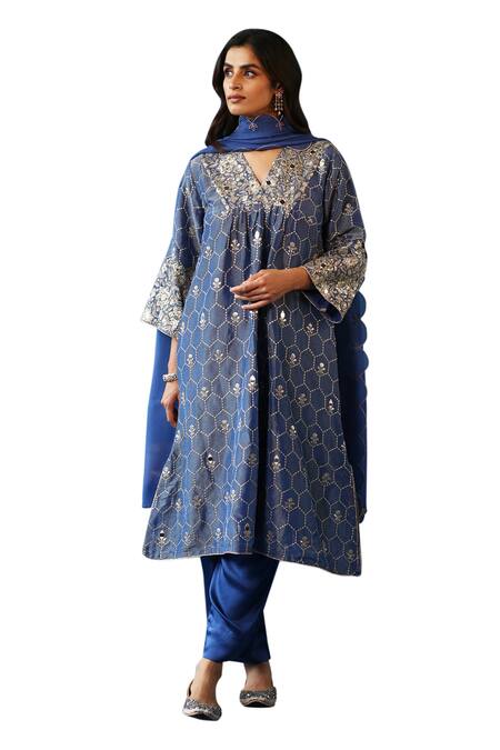 Buy Begum Blue Silk, Organza, Modal, Satin Sequins, Embroidery, Zari Kaanji Kurta Set Online at Aza Fashions Buy_Begum_Blue Silk, Organza, Modal, Satin Sequins, Embroidery, Zari Kaanji Kurta Set_Online_at_Aza_Fashions