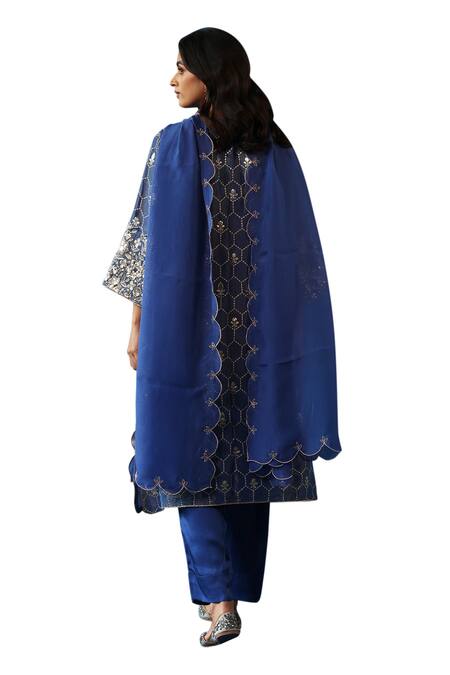Shop Begum Blue Silk, Organza, Modal, Satin Sequins, Embroidery, Zari Kaanji Kurta Set Online at Aza Fashions Shop_Begum_Blue Silk, Organza, Modal, Satin Sequins, Embroidery, Zari Kaanji Kurta Set_Online_at_Aza_Fashions