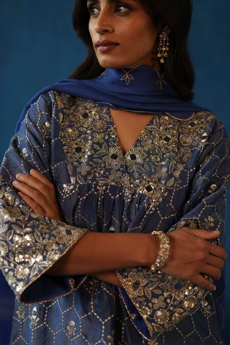 Begum Blue Silk, Organza, Modal, Satin Sequins, Embroidery, Zari Kaanji Kurta Set at Aza Fashions Begum_Blue Silk, Organza, Modal, Satin Sequins, Embroidery, Zari Kaanji Kurta Set_at_Aza_Fashions