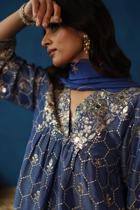 Buy Begum Blue Silk, Organza, Modal, Satin Sequins, Embroidery, Zari Kaanji Kurta Set Buy_Begum_Blue Silk, Organza, Modal, Satin Sequins, Embroidery, Zari Kaanji Kurta Set