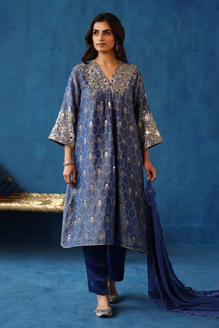 Shop Begum Blue Silk, Organza, Modal, Satin Sequins, Embroidery, Zari Kaanji Kurta Set Shop_Begum_Blue Silk, Organza, Modal, Satin Sequins, Embroidery, Zari Kaanji Kurta Set