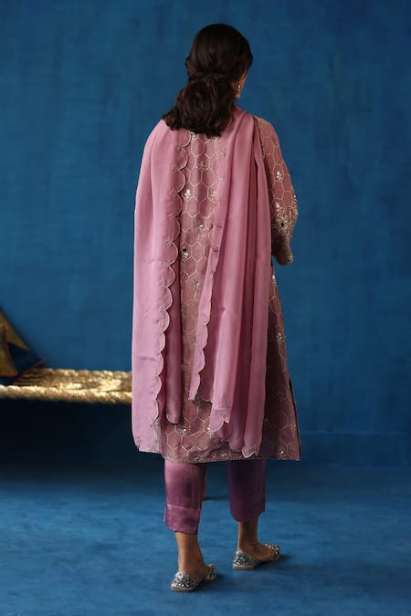 Shop Begum Purple Kurta Silk Embroidery Sequin V Neck Kaanji Set at Aza Fashions Shop_Begum_Purple Kurta Silk Embroidery Sequin V Neck Kaanji Set_at_Aza_Fashions