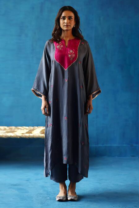 Begum_Grey Silk Embroidery Split V-neck Imly Floral Yoke Phiran And Pant Set _Online_at_Aza_Fashions