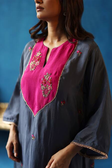Shop_Begum_Grey Silk Embroidery Split V-neck Imly Floral Yoke Phiran And Pant Set _Online_at_Aza_Fashions