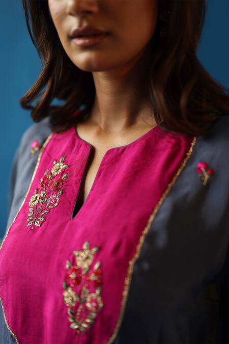 Begum_Grey Silk Embroidery Split V-neck Imly Floral Yoke Phiran And Pant Set _at_Aza_Fashions