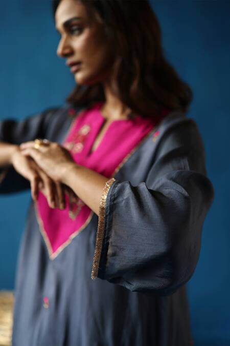 Buy_Begum_Grey Silk Embroidery Split V-neck Imly Floral Yoke Phiran And Pant Set 