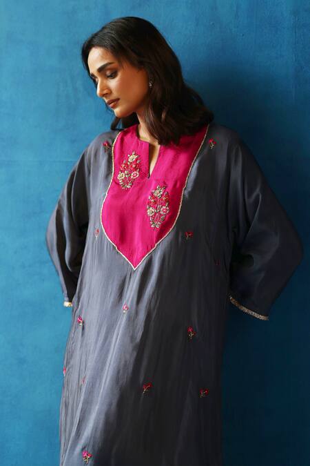 Shop_Begum_Grey Silk Embroidery Split V-neck Imly Floral Yoke Phiran And Pant Set 