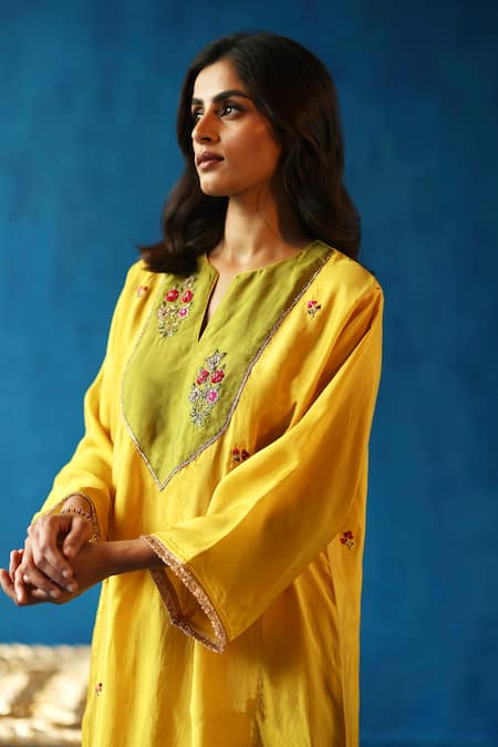 Buy Begum Yellow Silk Embroidery, Fringe Split V-neck Imly Resham Yoke Phiran And Pant Set Online at Aza Fashions Buy_Begum_Yellow Silk Embroidery, Fringe Split V-neck Imly Resham Yoke Phiran And Pant Set _Online_at_Aza_Fashions