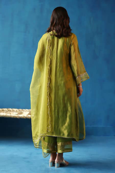 Shop Begum Green Silk, Organza, Modal, Satin Kala Khatta Sleeve Embroidered Kurta Set at Aza Fashions Shop_Begum_Green Silk, Organza, Modal, Satin Kala Khatta Sleeve Embroidered Kurta Set _at_Aza_Fashions