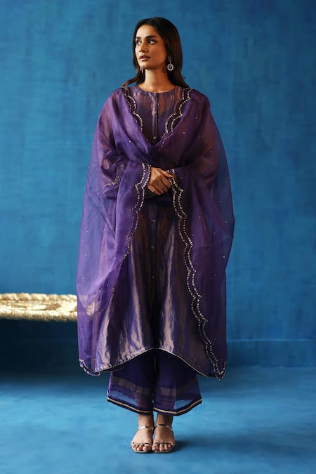 Begum Purple Kurta Silk Embroidery Sequin Round Kala Khatta Placement Set 