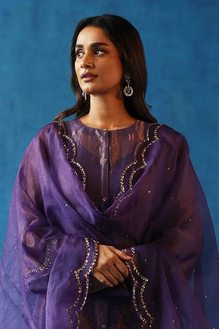 Begum_Purple Silk, Organza, Modal, Satin Kala Khatta Placement Embroidered Kurta Set _Online_at_Aza_Fashions