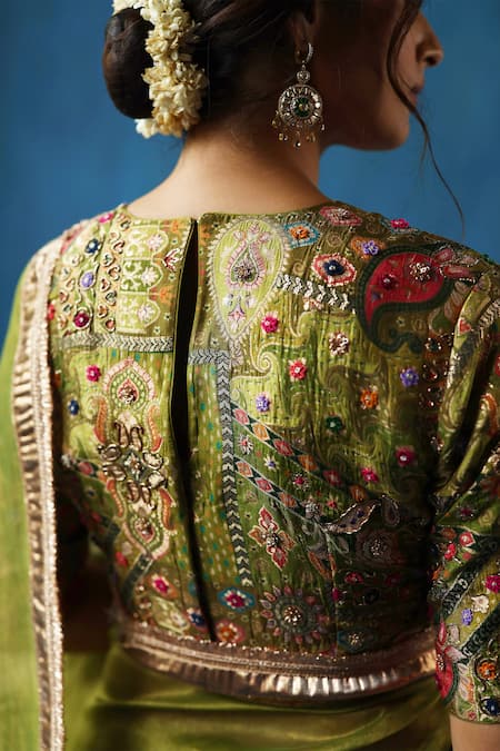 Shop Begum Green Brocade, Silk Embroidery, Gota Patti, Sharbat Woven Saree With Blouse at Aza Fashions Shop_Begum_Green Brocade, Silk Embroidery, Gota Patti, Sharbat Woven Saree With Blouse _at_Aza_Fashions