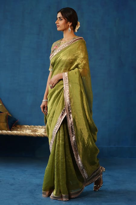 Begum Green Brocade, Silk Embroidery, Gota Patti, Sharbat Woven Saree With Blouse Online at Aza Fashions Begum_Green Brocade, Silk Embroidery, Gota Patti, Sharbat Woven Saree With Blouse _Online_at_Aza_Fashions